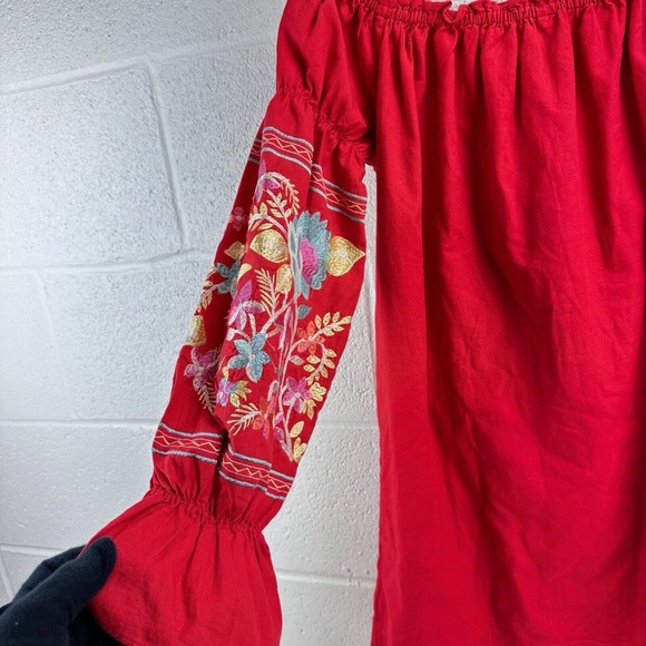 Free People Red Fleur Du Jour Embroidered Mini Off the Shoulder Dress Sz S - Picture 3 of 8